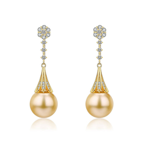 Golden South Sea Pearl & CZ Daisy Earrings - House Of Pearls