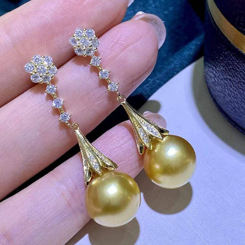 Golden South Sea Pearl & CZ Daisy Earrings - House Of Pearls