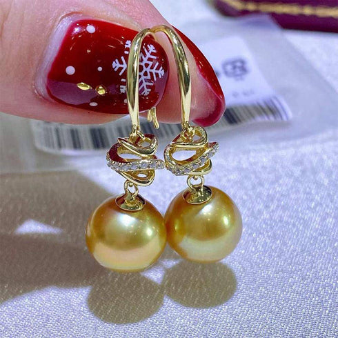 Golden South Sea Pearl & CZ Drop Earrings - House Of Pearls