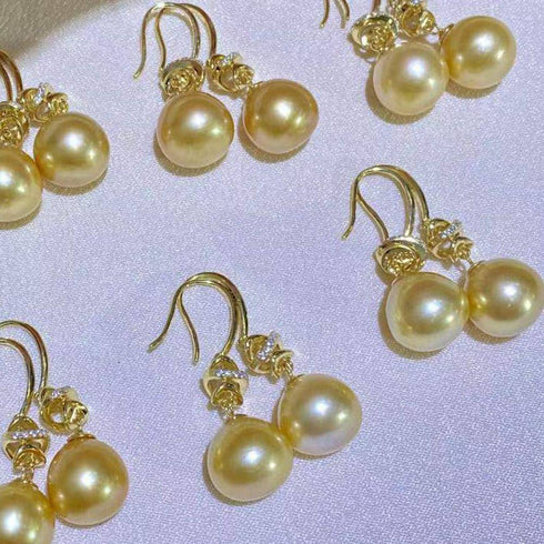 Golden South Sea Pearl & CZ Drop Earrings - House Of Pearls