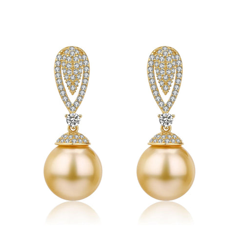 Golden South Sea Pearl & CZ Earrings - House Of Pearls