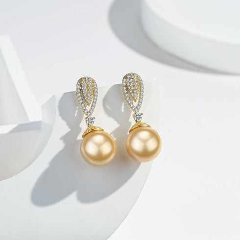 Golden South Sea Pearl & CZ Earrings - House Of Pearls