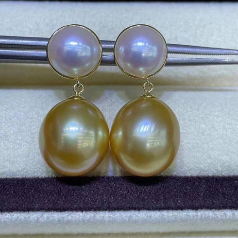 Golden South Sea Pearl Drop Mabe Pearl Earrings 18K Pure Gold - House Of Pearls