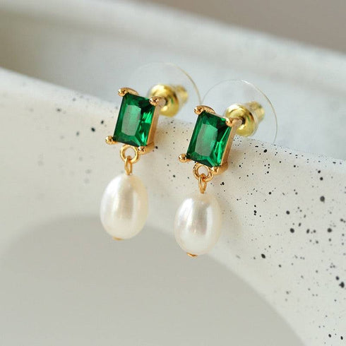 Green CZ Pearl Drop Earrings - House Of Pearls