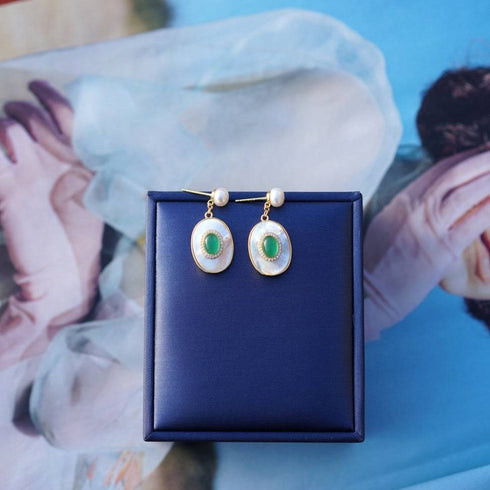 Green Onyx Mother of Pearls Earrings Gold Vermeil - House Of Pearls