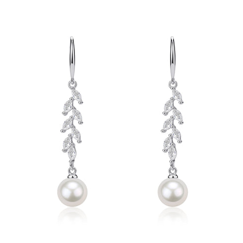 Earrings, pair: 8–9mm freshwater pearl drops with a long-leaf cubic zirconia chain in silver