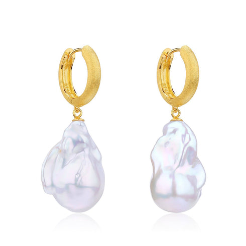 Large Baroque Pearl Hoop Earrings Matte Gold Finish - House Of Pearls