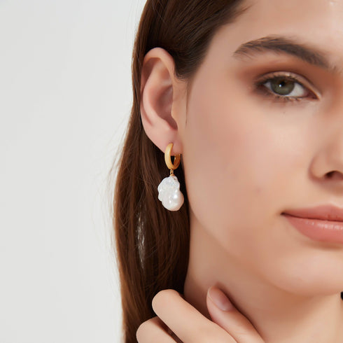 Large Baroque Pearl Hoop Earrings Matte Gold Finish - House Of Pearls