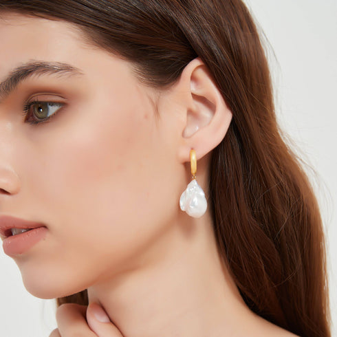 Large Baroque Pearl Hoop Earrings Matte Gold Finish - House Of Pearls