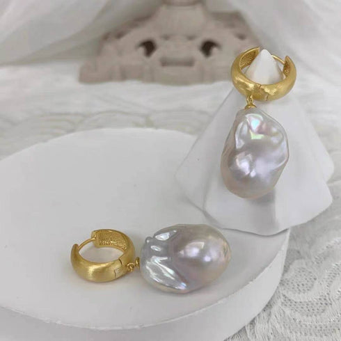 Large Baroque Pearl Hoop Earrings Matte Gold Finish - House Of Pearls