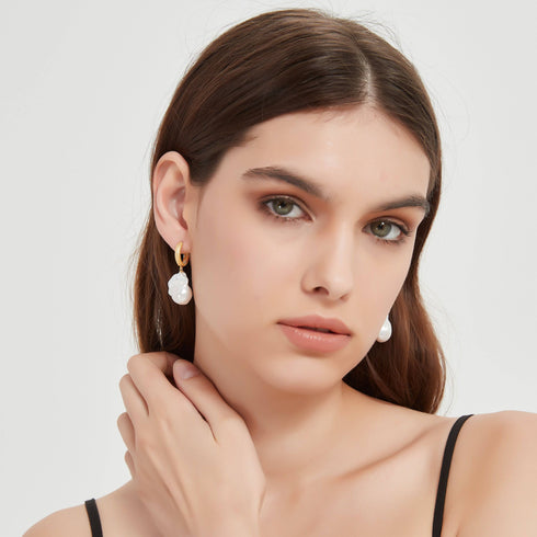 Large Baroque Pearl Hoop Earrings Matte Gold Finish - House Of Pearls