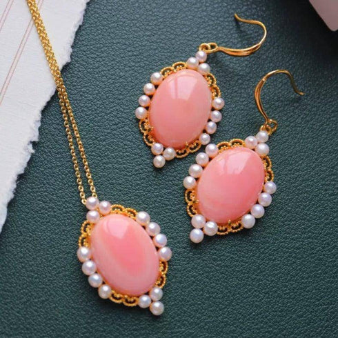Princess Oval Pink Queen Conch Shell Pearls Earrings Gold Vermeil - House Of Pearls