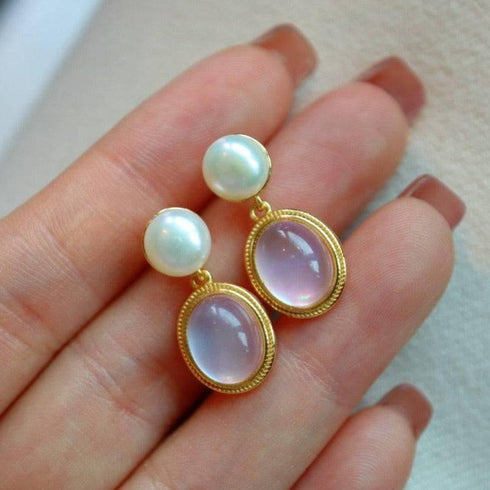 Pink Natural Crystal Mother of Pearls Earrings Gold Vermeil - House Of Pearls