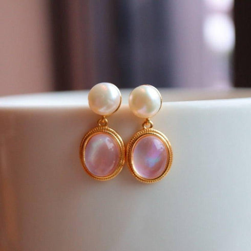 Pink Natural Crystal Mother of Pearls Earrings Gold Vermeil - House Of Pearls