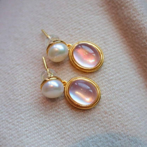 Pink Natural Crystal Mother of Pearls Earrings Gold Vermeil - House Of Pearls