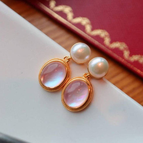 Pink Natural Crystal Mother of Pearls Earrings Gold Vermeil - House Of Pearls