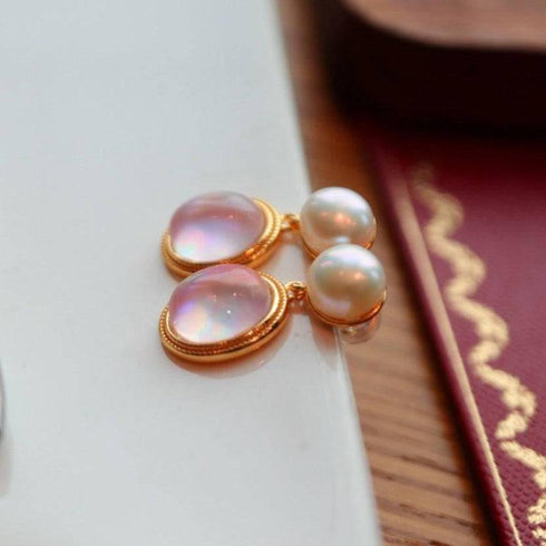 Pink Natural Crystal Mother of Pearls Earrings Gold Vermeil - House Of Pearls