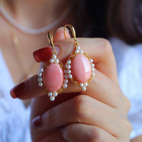 Princess Oval Pink Queen Conch Shell Pearls Earrings Gold Vermeil - House Of Pearls