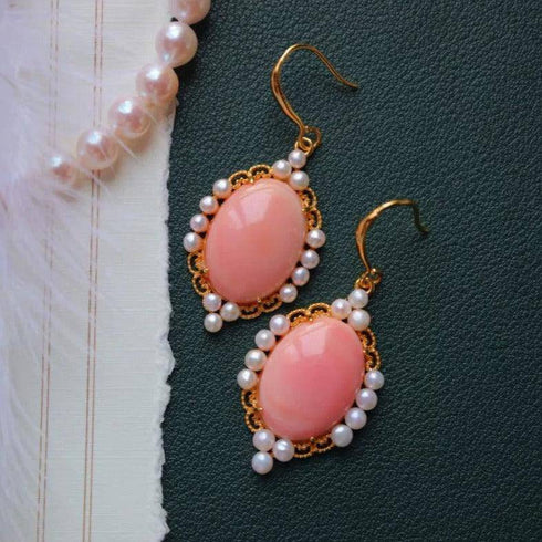 Princess Oval Pink Queen Conch Shell Pearls Earrings Gold Vermeil - House Of Pearls