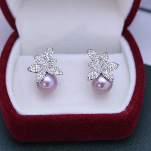 9-10mm Purple Freshwater Pearl & Floral Stud Earrings - House Of Pearls