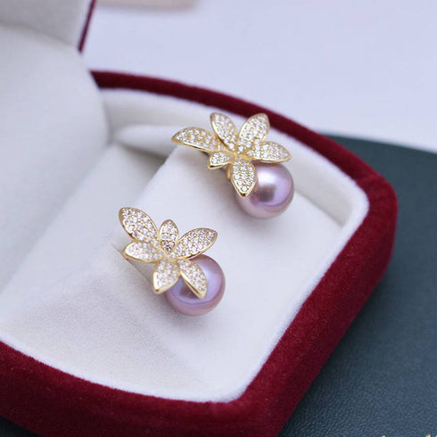 9-10mm Purple Freshwater Pearl & Floral Stud Earrings - House Of Pearls