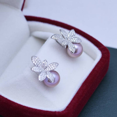 9-10mm Purple Freshwater Pearl & Floral Stud Earrings - House Of Pearls