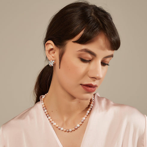 9-10mm Purple Freshwater Pearl & Floral Stud Earrings - House Of Pearls