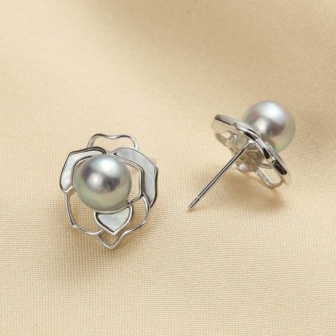 Rose Silver Blue Seawater Pearls Earrings - House Of Pearls