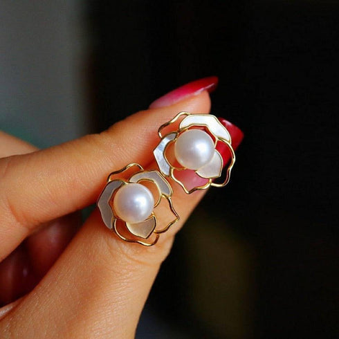 Rose White Mother of Pearls Earrings Gold Vermeil - House Of Pearls