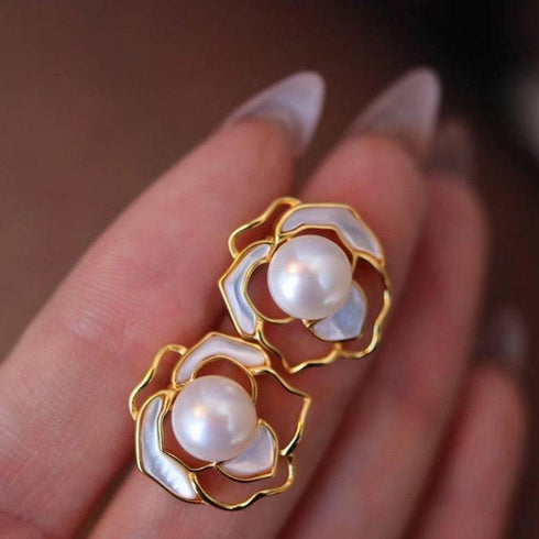 Rose White Mother of Pearls Earrings Gold Vermeil - House Of Pearls