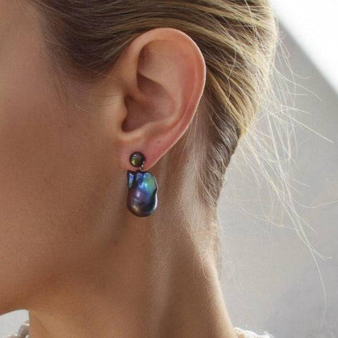 Dual-Tone Baroque Pearl Drop Earrings with Stud Top - House Of Pearls