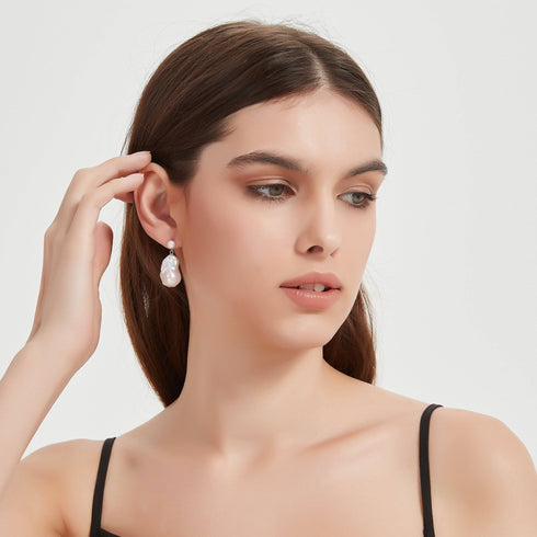 Dual-Tone Baroque Pearl Drop Earrings with Stud Top - House Of Pearls