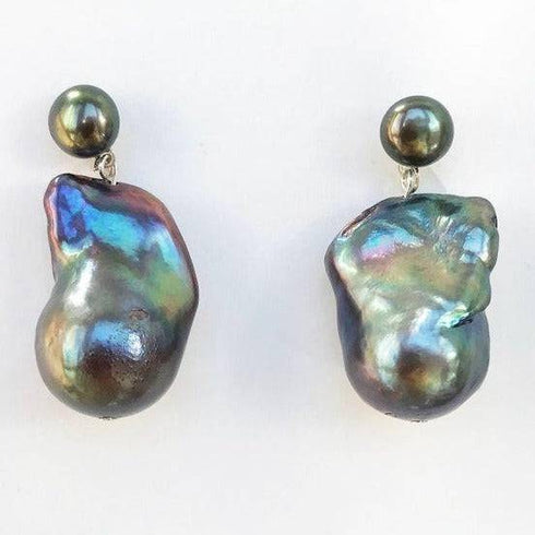 Dual-Tone Baroque Pearl Drop Earrings with Stud Top - House Of Pearls