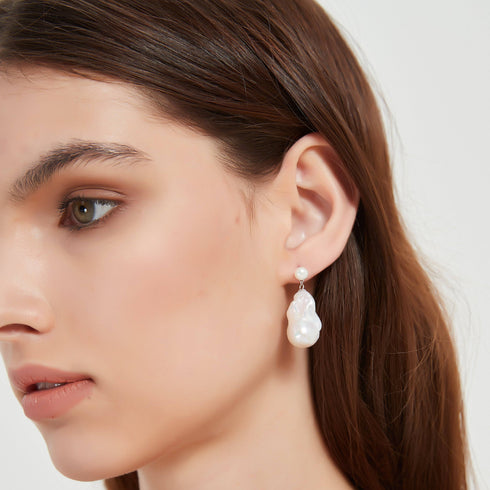 Dual-Tone Baroque Pearl Drop Earrings with Stud Top - House Of Pearls
