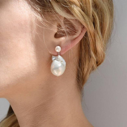 Dual-Tone Baroque Pearl Drop Earrings with Stud Top - House Of Pearls