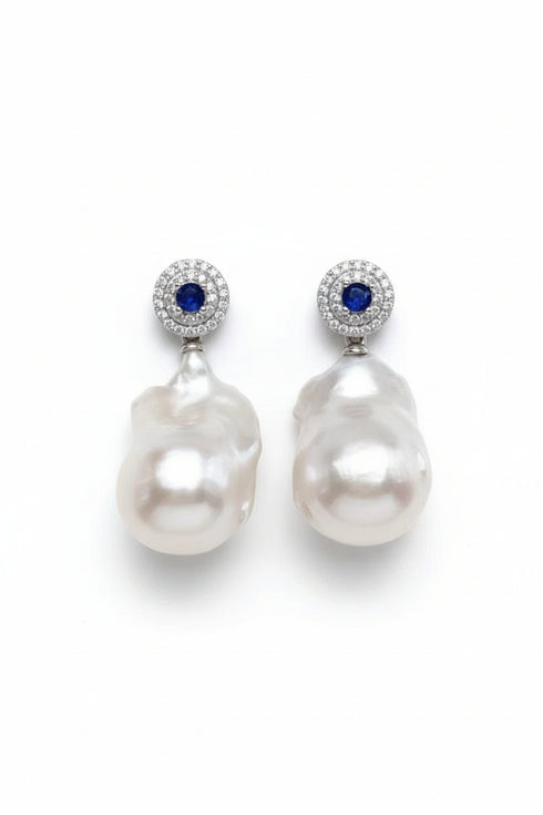 Sapphire White Freshwater Baroque Pearl Earrings by House Of Pearls with blue sapphire centers and stone halos