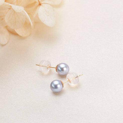 Silver-blue Akoya pearl stud earrings, pair with gold-tone posts and clear backs