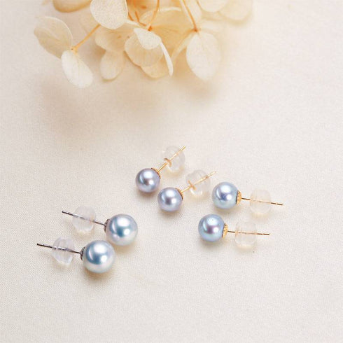 Earrings: six silver-blue Akoya pearl stud earrings