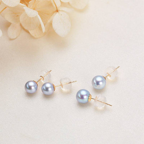 Pearl stud earrings, AAA silver-blue Akoya pearls, 4–8mm, two pairs