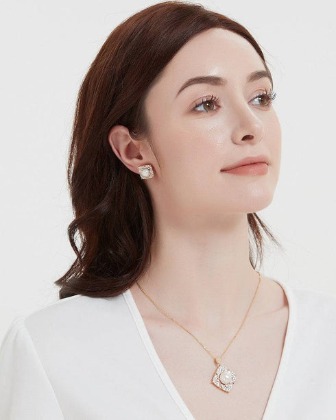 Square Pendant CZ White Freshwater Pearl Earrings Gold Vermeil - House Of Pearls