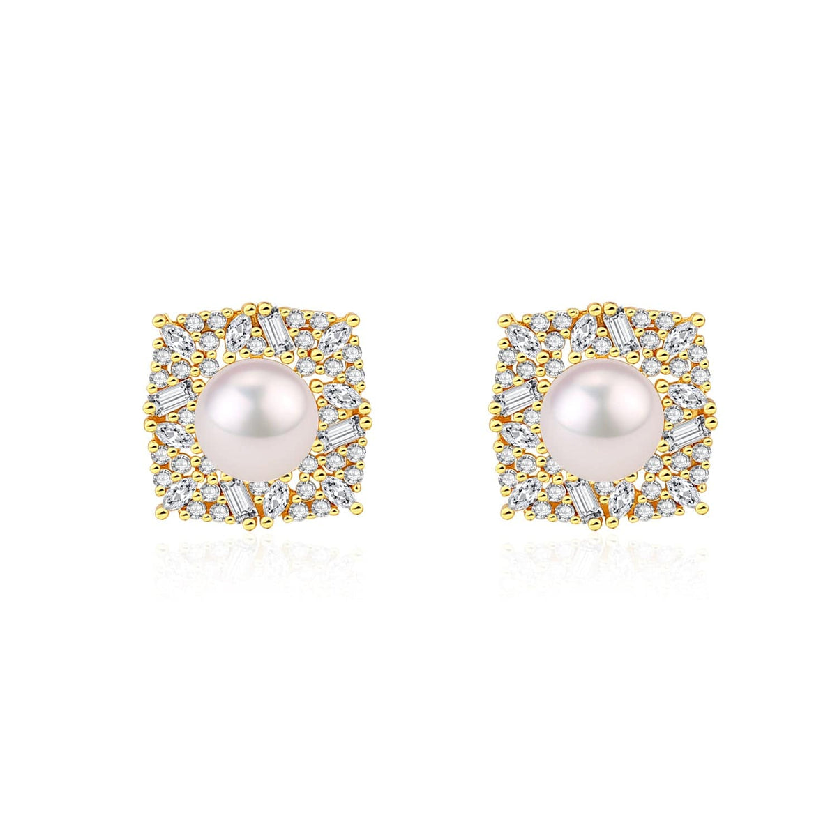 Square Pendant CZ White Freshwater outlet Pearl Earrings Gold Vermeil