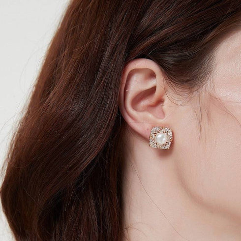 Square Pendant CZ White Freshwater Pearl Earrings Gold Vermeil - Earrings made with hand-selected pearls from House of Pearls