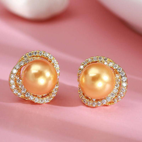 Golden South Sea Pearl 11.0-12.0mm & CZ Rose Earrings - House Of Pearls