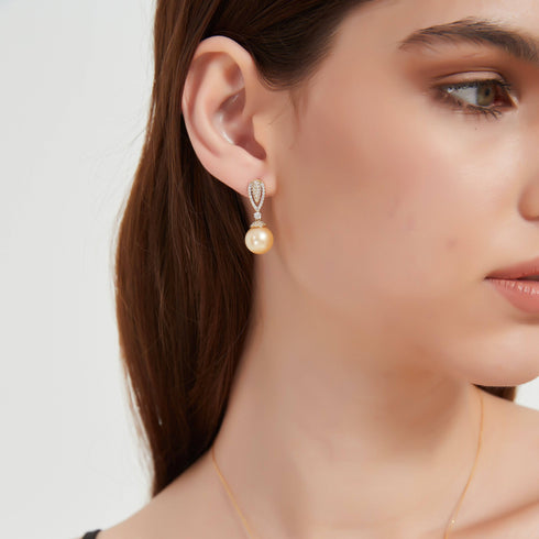 Golden South Sea Pearl & CZ Earrings - House Of Pearls