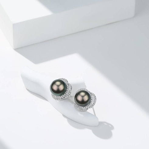 Tahitian South Sea Pearl 9-10mm & CZ Rose Earrings Sterling Silver - House Of Pearls