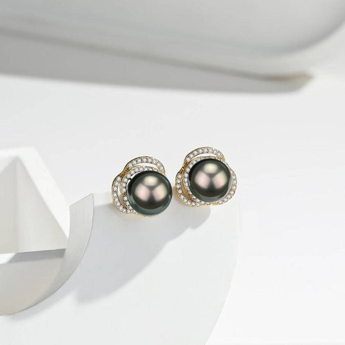 Tahitian South Sea Pearl 9-10mm & CZ Rose Earrings Sterling Silver - House Of Pearls