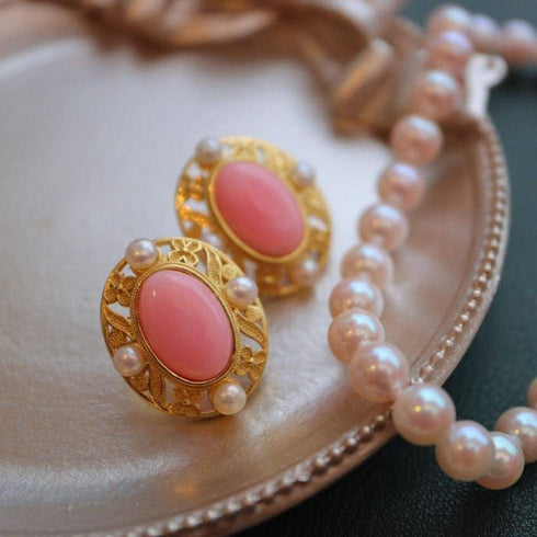Stylish Pink Queen Conch Shell Pearls Earrings Gold Vermeil - House Of Pearls