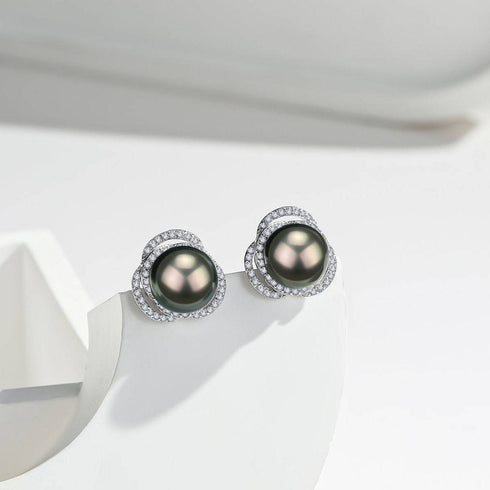 Tahitian South Sea Pearl 9-10mm & CZ Rose Earrings Sterling Silver - House Of Pearls