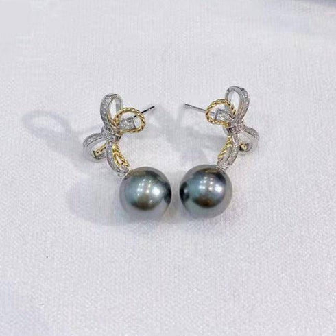 Tahitian South Sea Pearl & CZ Bow Earrings - House Of Pearls