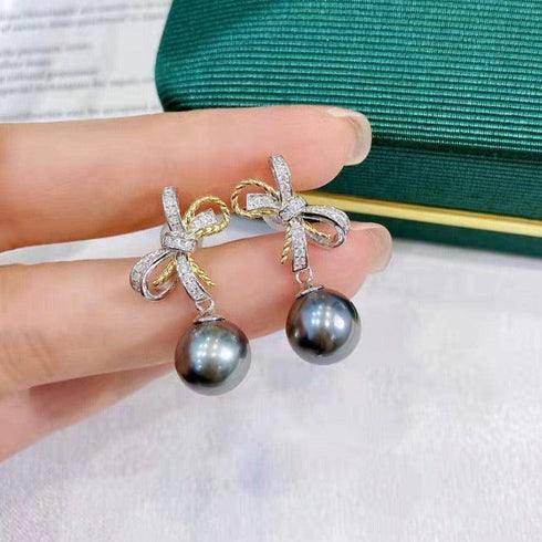 Tahitian South Sea Pearl & CZ Bow Earrings - House Of Pearls